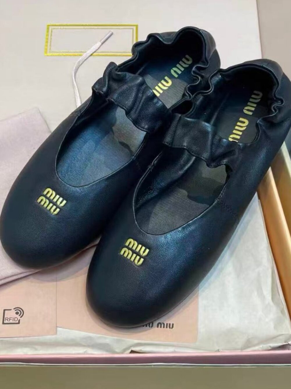Miu‑Miu Black Soft Leather Ruffle Strap Gold Letter Mary Jane Flat Shoes